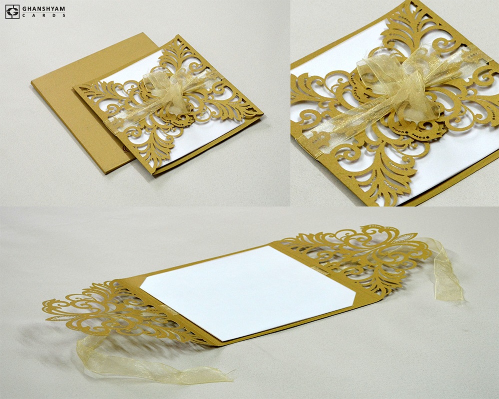 Center Opening Laser Cut Wedding Card Design LM 131 Gold Ghanshyam Cards